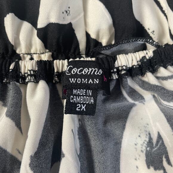 Casual Top Plus Size 2X Black Cream Floral Peplum Ruffle Boho Short Sleeve Flowy - Picture 8 of 10